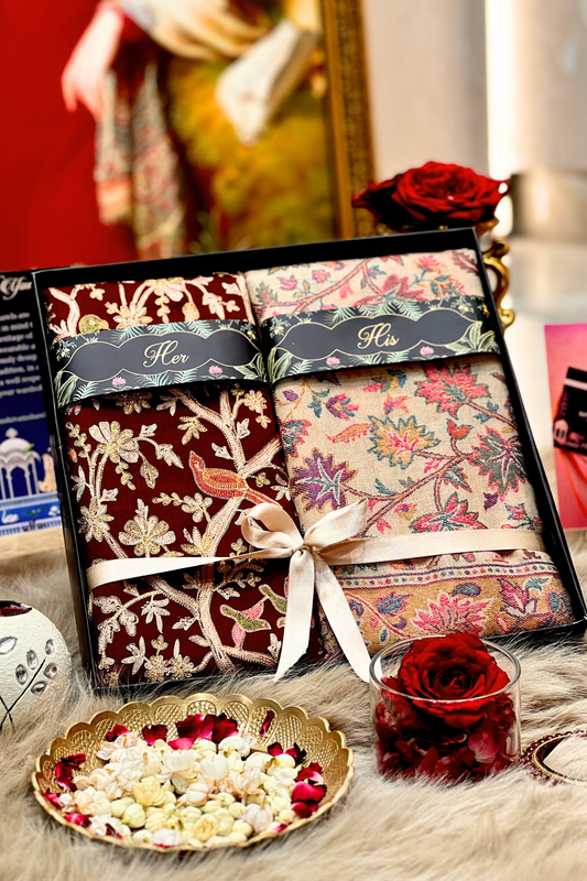 SATYAMSHIVAMSHAWLS HIS AND HER GIFT BOX(MENS WITH PURE WOOL KANI SHAWLS & WOMENS SHIKADAAR EMBROIDERY STOLE)PREMIUM GIFT BOX PACKAGING