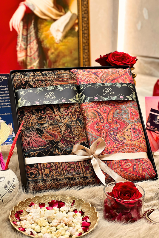 SATYAMSHIVAMSHAWLS HIS AND HER GIFT BOX(MENS WITH PURE WOOL  SAKHIYAN KANI SHAWLS & WOMENS ARABIC KANI SHAWLS )PREMIUM GIFT BOX PACKAGING