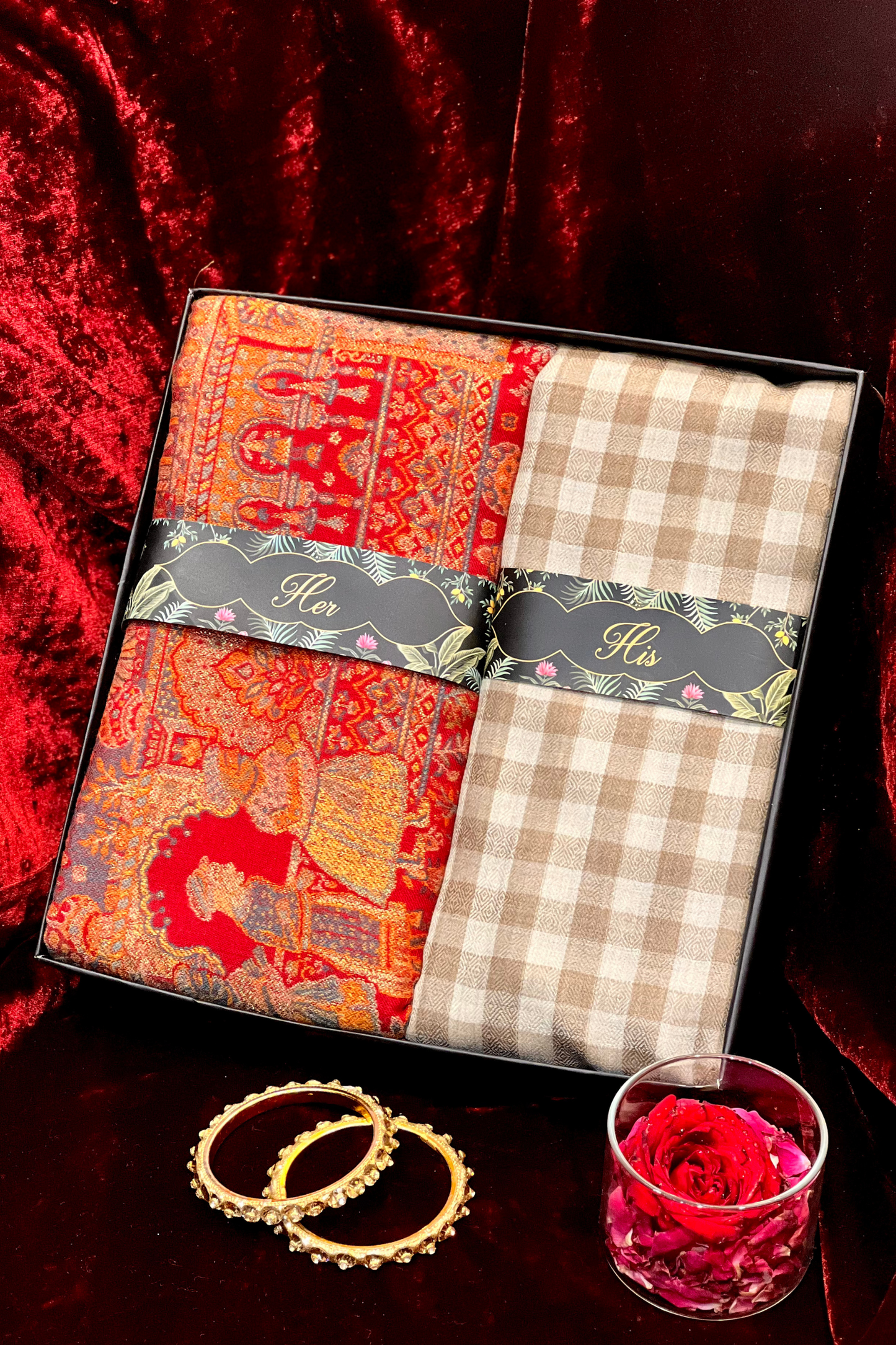 PASHMINA HIS & HER SET OF LUXURY WOMEN SHAAN-E-DARBAAR SHAWL & MEN'S FINE PASHMINA CHECK SHAWL
