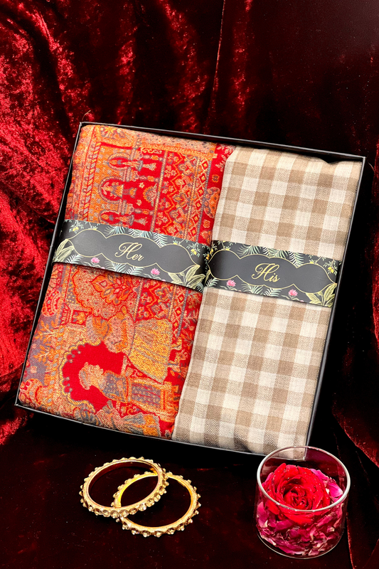 PASHMINA HIS & HER SET OF LUXURY WOMEN SHAAN-E-DARBAAR SHAWL & MEN'S FINE PASHMINA CHECK SHAWL