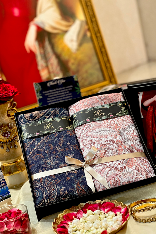 His and Her Gift Set of Jamawar and kaani Shawls With premium box packaging,navy blue & white