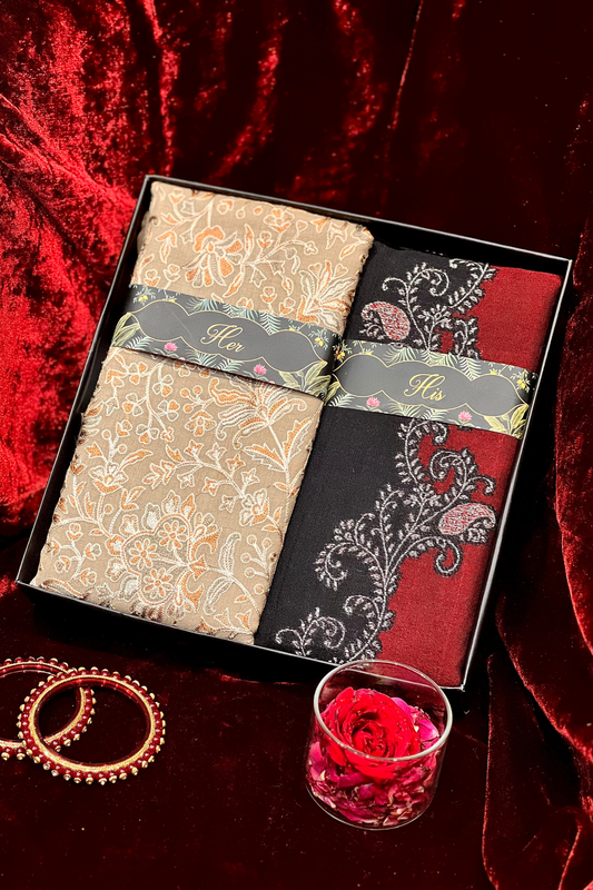HIS AND HER GIFT BOX SET OF (MENS FINE WOOL STOLE & WOMEN FINE WOOL EMBROIDERY STOLE)