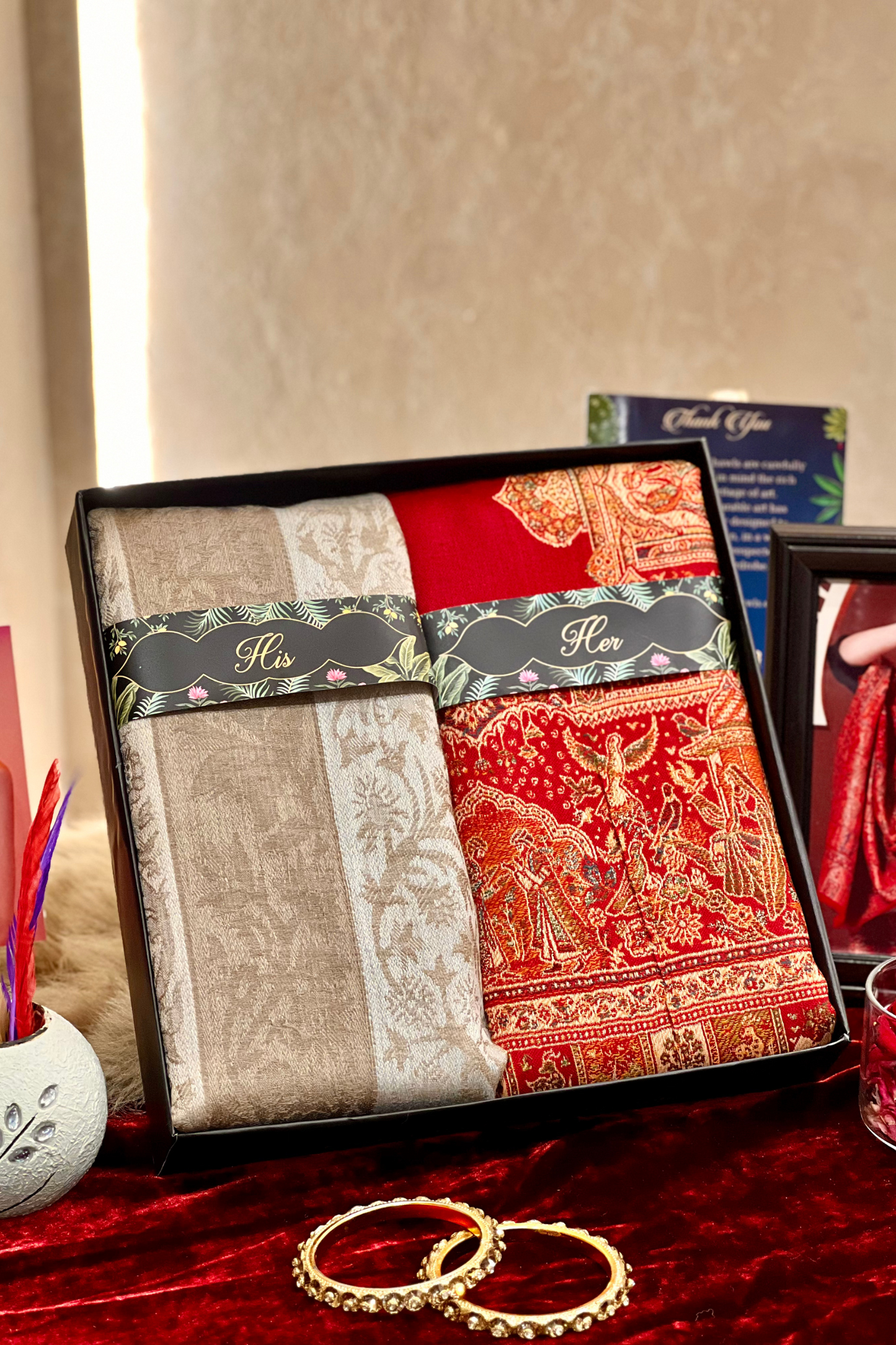 HIS AND HER GIFT BOX OF (MENS STRIPS  PASHMINA SHAWL & WOMEN KANI PALLA SHAWL)
