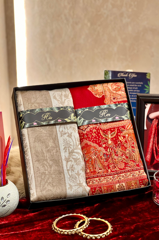HIS AND HER GIFT BOX OF (MENS STRIPS  PASHMINA SHAWL & WOMEN KANI PALLA SHAWL)