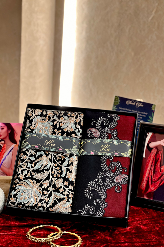 HIS AND HER GIFT BOX(MENS WITH FINE PASHMINA STOLE & WOMEN FINE WOOL EMBROIDERY STOLE,