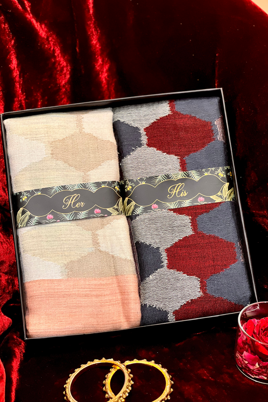 HIS AND HER GIFT BOX(MENS WITH FINE PASHMINA EKAT STOLE & WOMENS FINE PASHMINA EKAT STOLE )PREMIUM GIFT BOX PACKAGING