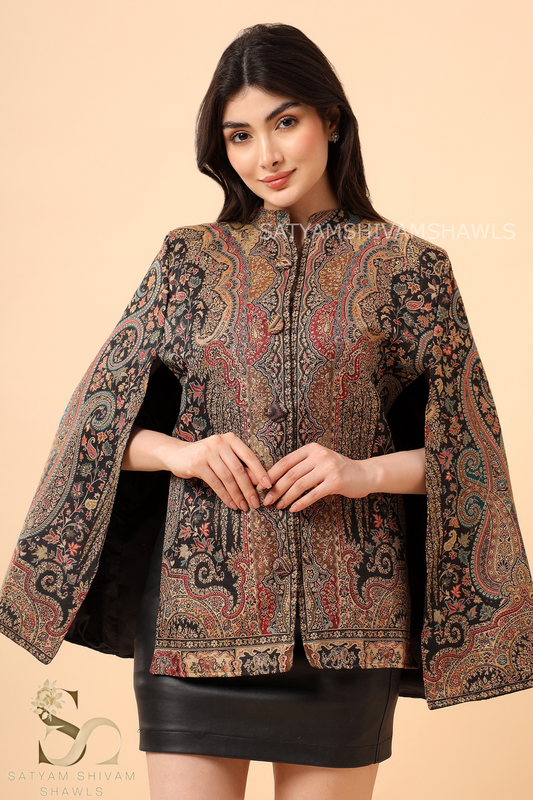 KANI WOVEN VINTAGE KASHMIRI PASHMINA BLEND WOOL CAPE,BLACK
