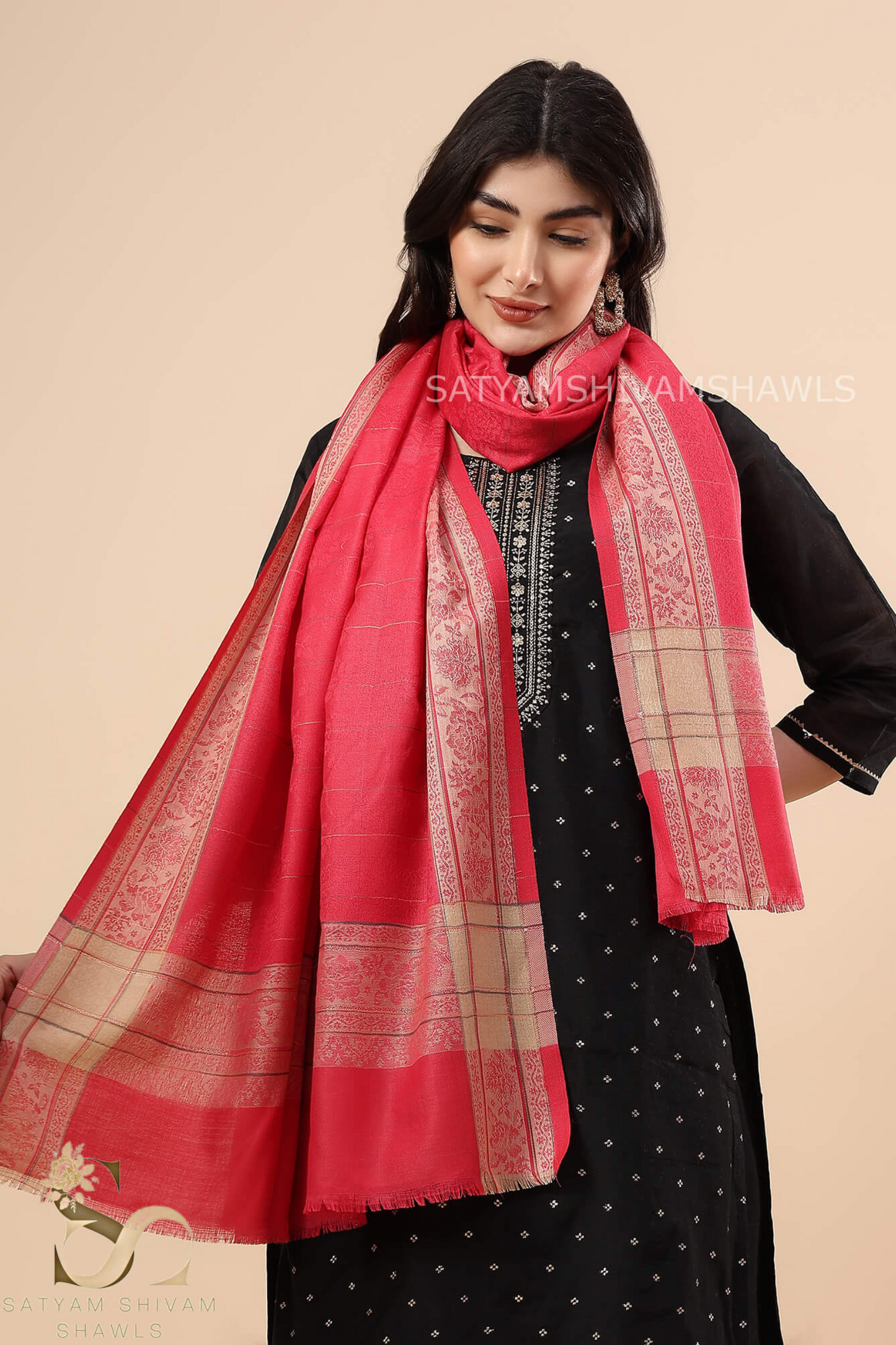 PURE WOOL ALL OVER SELF DESIGN WITH BORDER AND STRIPS DESIGN SHAWL,WARM & SOFT,GAJARI