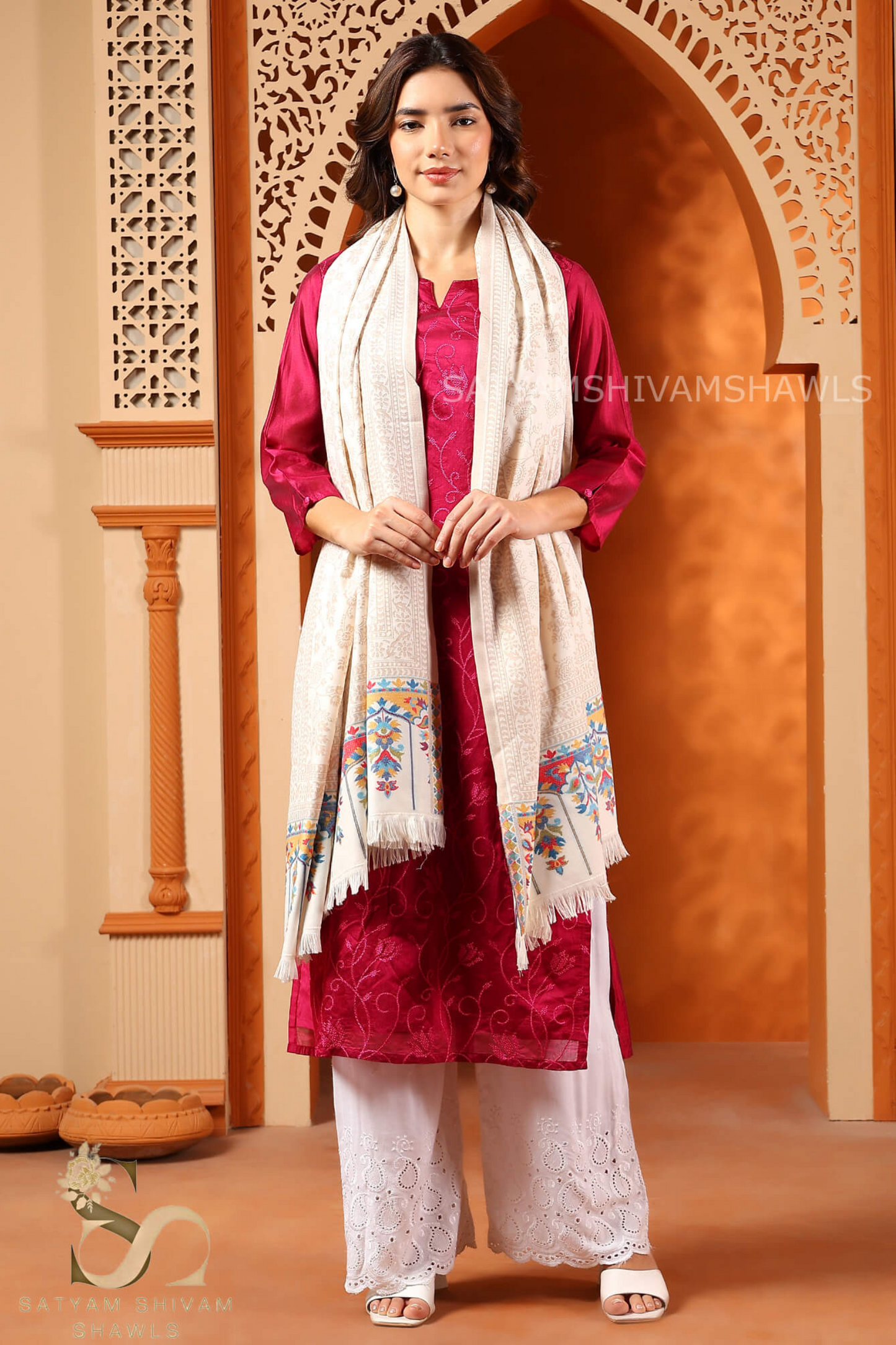 PURE WOOL ETHNIC KANI WEAVED SHAWL,WARM AND SOFT,WHITE