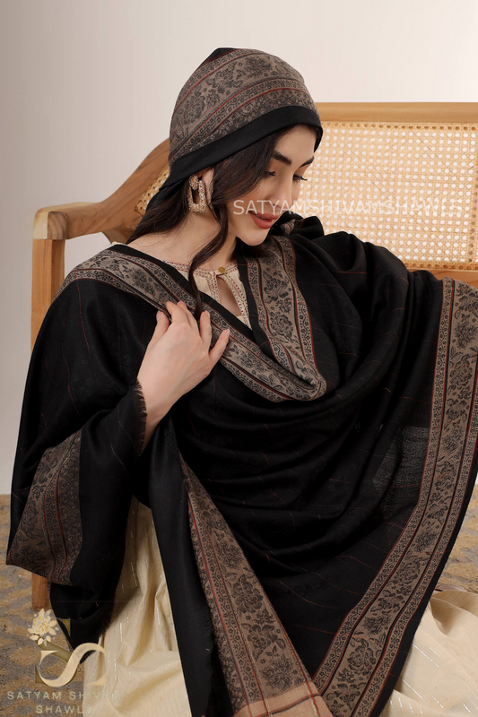 PURE WOOL REVERSIBLE BORDER WITH STRIPS DESIGN SHAWL ,BLACK