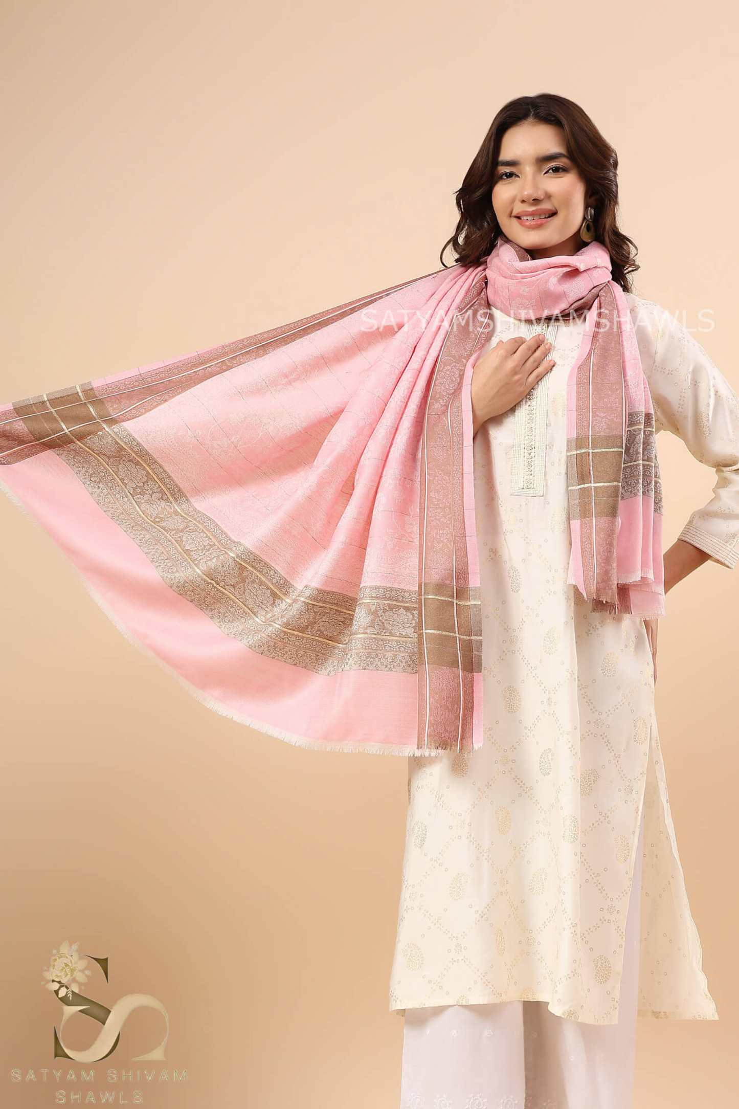PURE WOOL ALL OVER SELF DESIGN WITH BORDER AND STRIPS DESIGN SHAWL,WARM & SOFT,BABY PINK