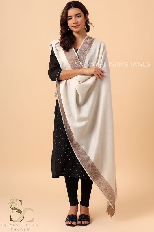 PURE WOOL REVERSIBLE SELF BORDER DESIGN SHAWL ,WHITE