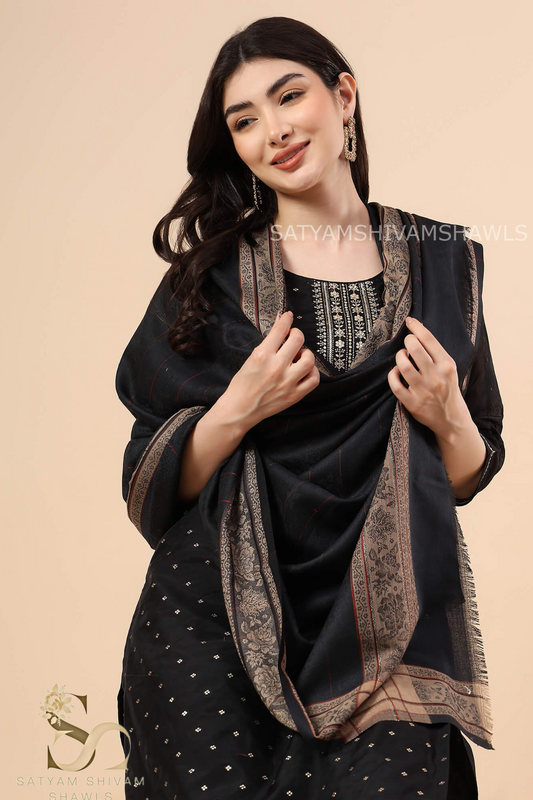 PURE WOOL SELF STRIPS WITH BORDER DESIGN SHAWL,WARM & SOFT,