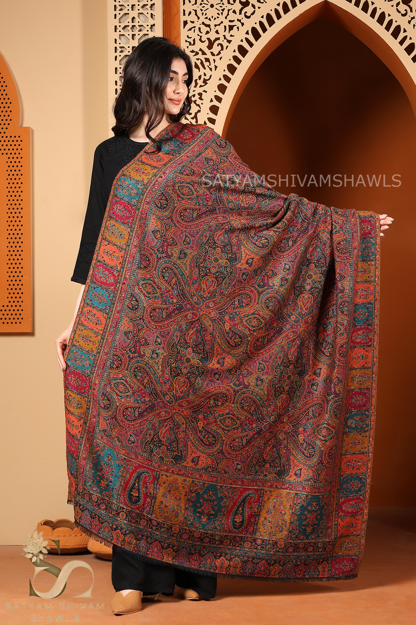 100%PURE WOOL KANI ETHNIC WEAVE SHAWL SOFT AND WARM,WITH WOOLMARK CERTIFICATE,BLACK