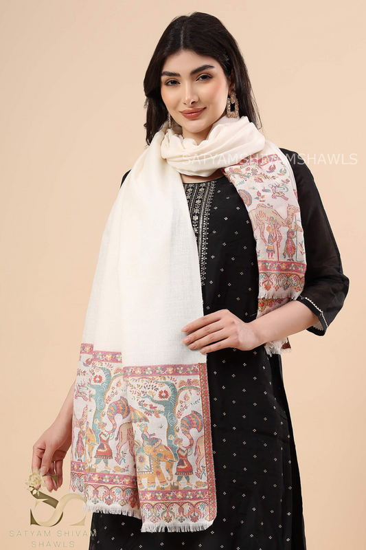 ZARI MOONLIGHT KANI WEAVE PURE WOOL PALLA SHAWL,WARM AND SOFT,WHITE
