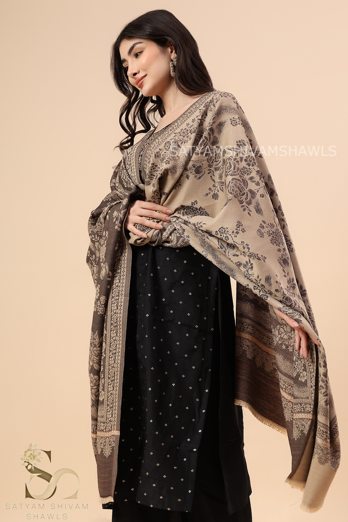 PURE WOOL ALL OVER REVERSIBLE SELF ROSE DESIGN SHAWL, SOFT, AND WARM ,COFFEE