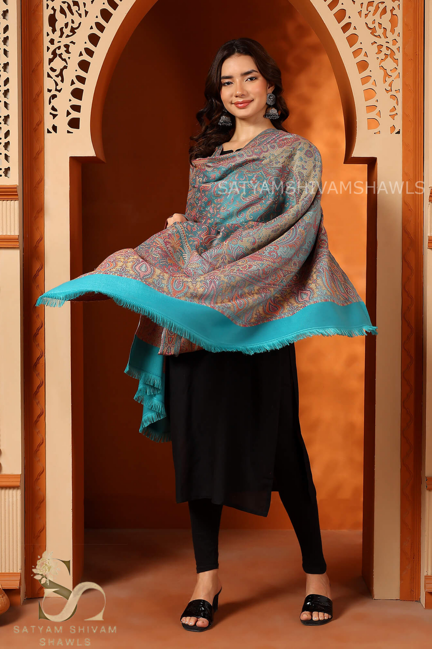 PURE WOOL ETHNIC KANI WEAVED SHAWL,WARM AND SOFT, C GREEN