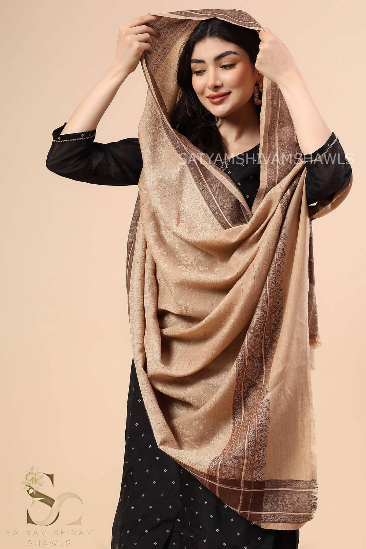 PURE WOOL ALL OVER SELF DESIGN WITH BORDER AND STRIPS DESIGN SHAWL,WARM & SOFT,LIGHT