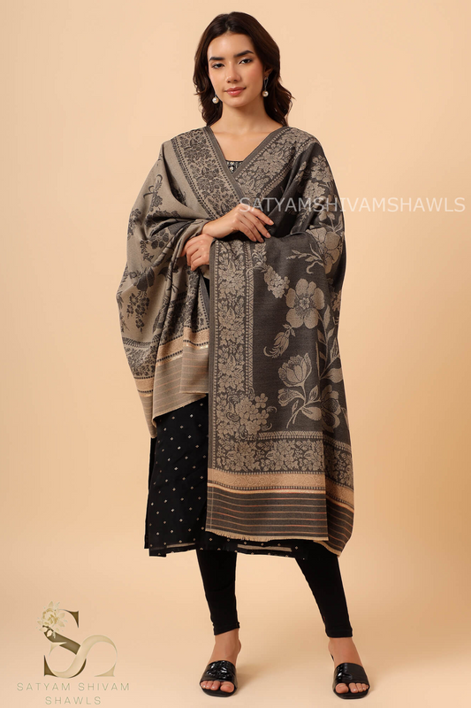 PASHMINA BLENDED WOOL REVERSIBLE SELF LOTUS DESIGN SHAWL