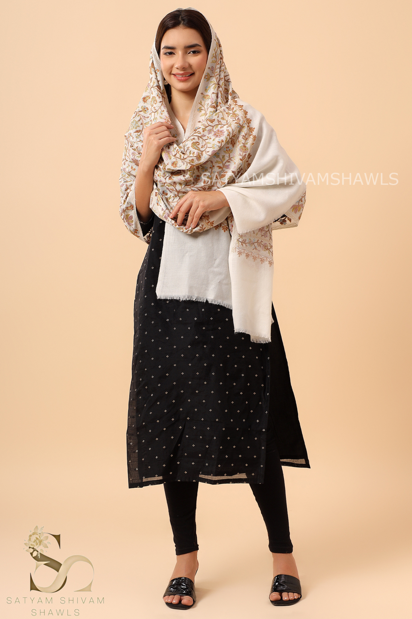 CHINAR LEAF  PASHMINA FINE WOOL NALKI EMBROIDERY WEAVE STOLE,WARM & SOFT,WHITE