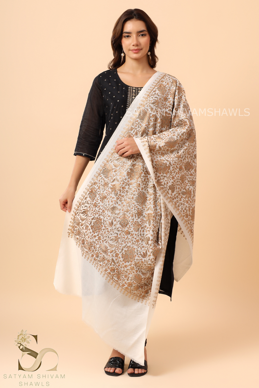 PASHMINA FINE WOOL NALKI EMBRODIERY WEAVE STOLE,WARM & SOFT,WHITE
