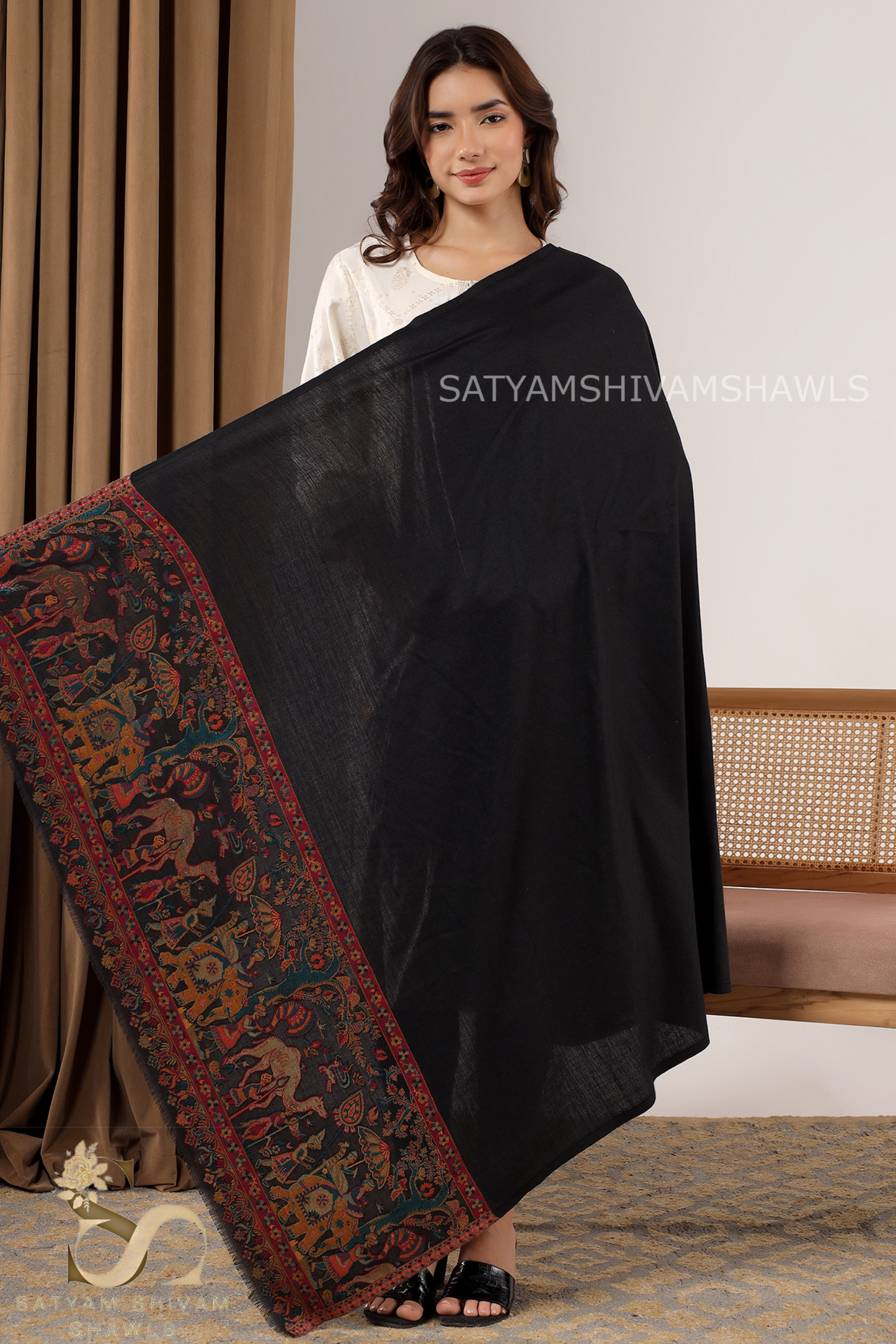 DHOLI PALLA KANI ZARI  WEAVE PURE WOOL  SHAWL,WARM AND SOFT,BLACK