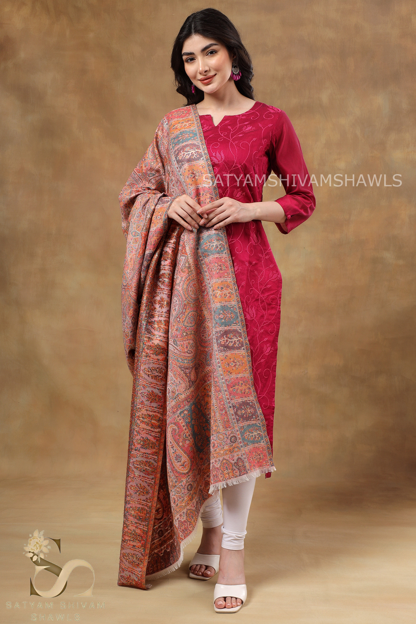WOMENS 100%PURE WOOL KANI ETHNIC WEAVE SHAWL, SOFT AND WARM, PINK