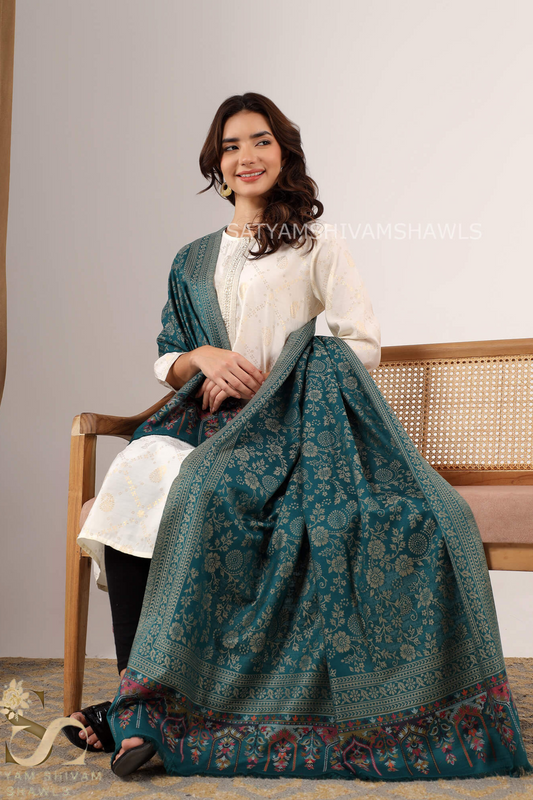 PURE WOOL ETHNIC KANI WEAVED SHAWL,WARM AND SOFT, C GREEN