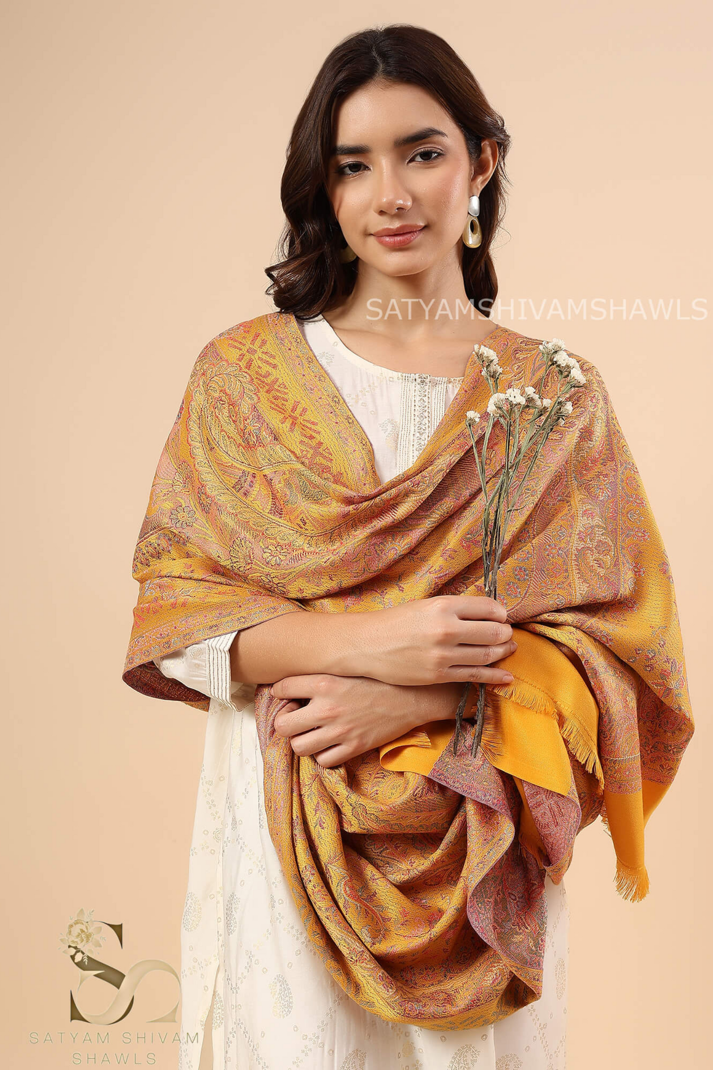 PURE WOOL ETHNIC KANI WEAVED SHAWL,WARM AND SOFT,YELLOW