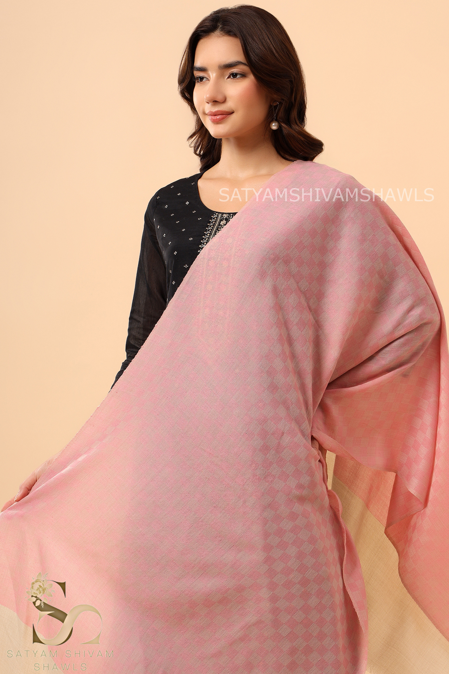 EXTRA FINE WOOL MIST CHECK WOMES STOLES,PINK