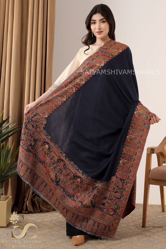 TAJ SAKHIYAAN  KANI BORDER WEAVE SHAWL, SOFT, WARM AND LIGHT WEIGHT,NAVY BLUE