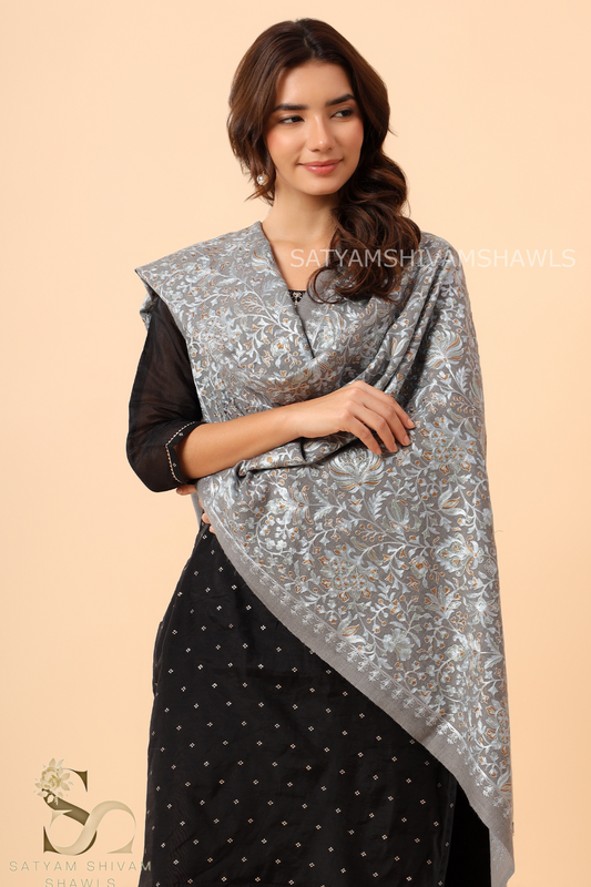 PASHMINA FINE WOOL NALKI EMBROIDERY WEAVE STOLE,WARM & SOFT,GREY