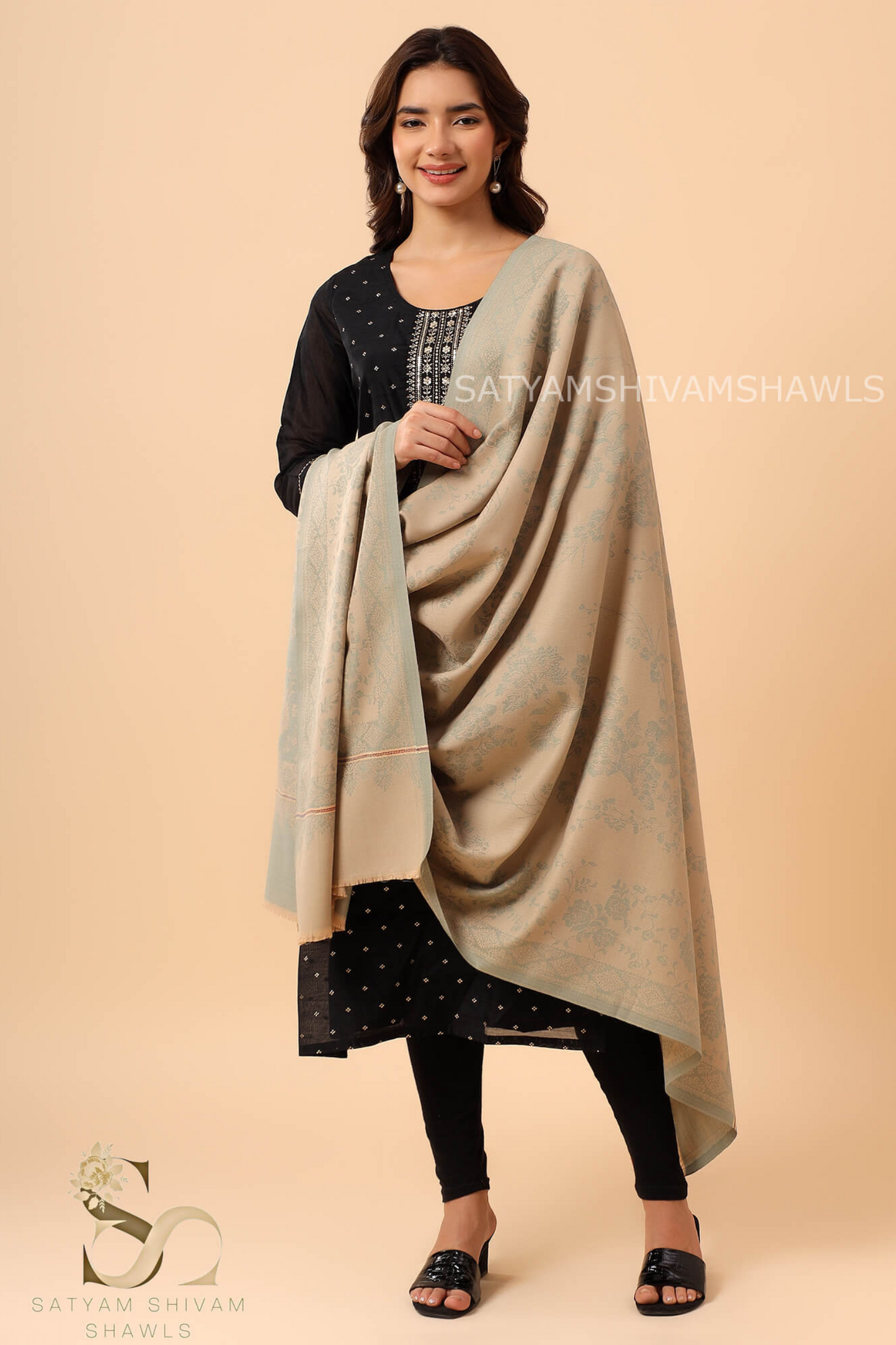 PASHMINA BLENDED WOOL REVERSIBLE SELF FLOWER DESIGN SHAWL,PISTA