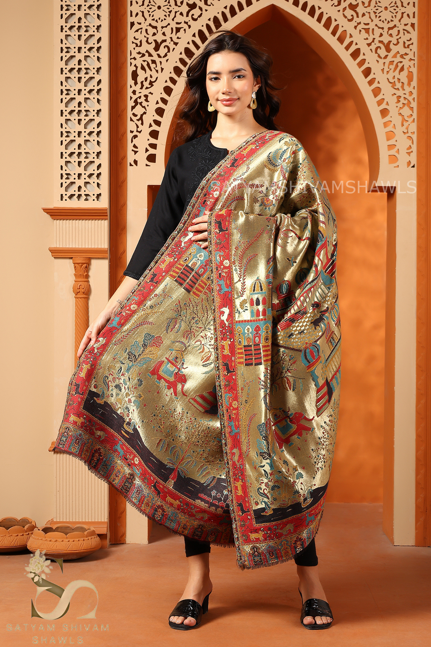 TWINLIGHT REVERSIBLE FINE WOOL PASHMINA SHAWL,MEHROON GOLDEN