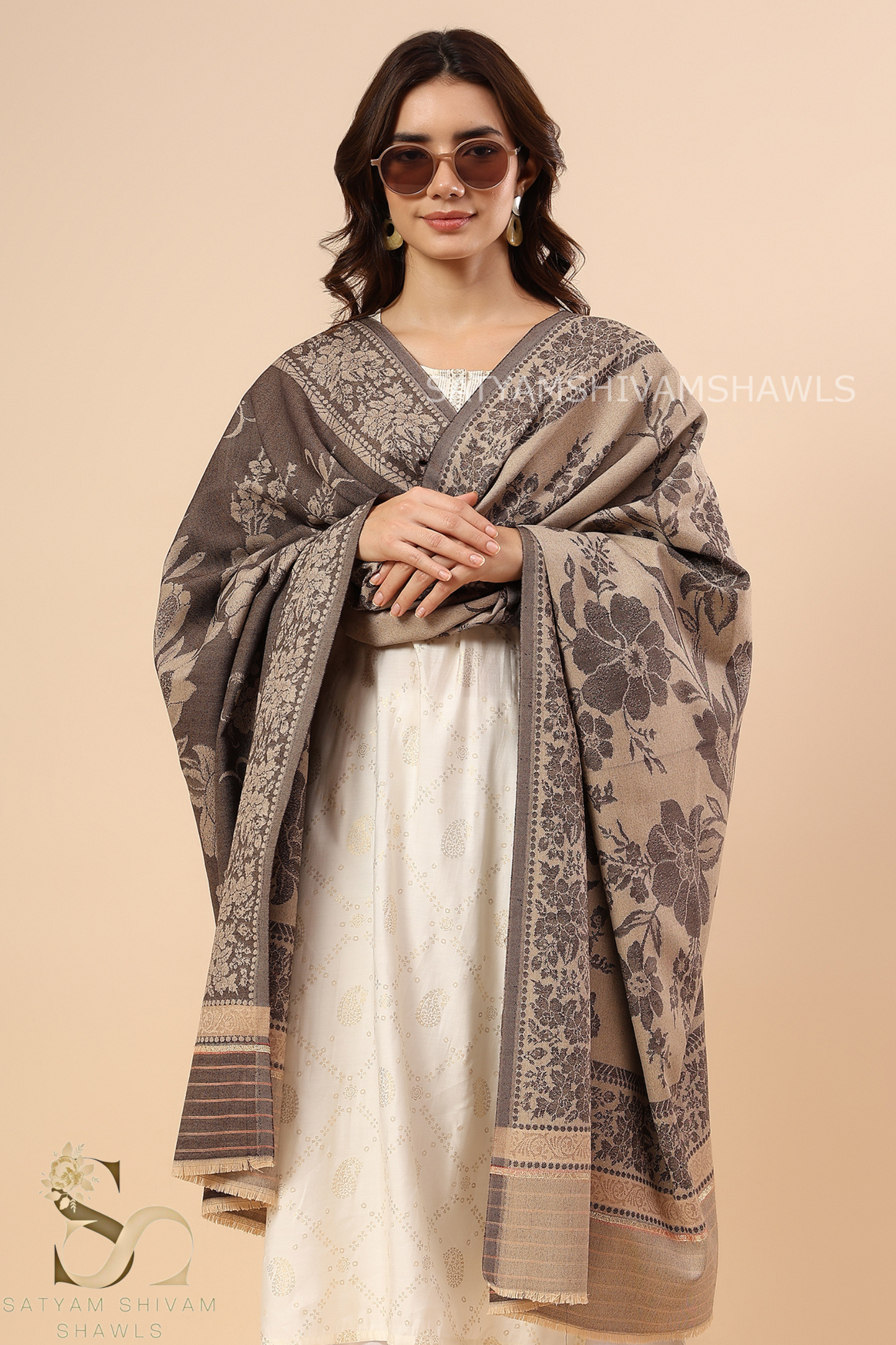 PASHMINA BLENDED WOOL REVERSIBLE SELF LOTUS DESIGN SHAWL,COFFEE