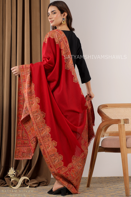 100%PURE WOOL KANI ETHNIC BORDER WEAVE SHAWL SOFT AND WARM,WITH WOOLMARK CERTIFICATE,MARRON