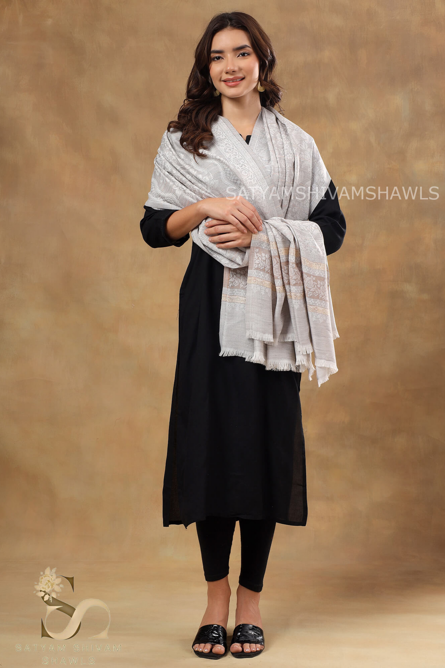 "GREY WHISPER" PURE WOOL SELF DESIGN SHAWL,SOFT & WARM