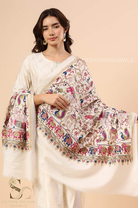 "SHIKAAR-E-KASHMIR" TILLA EMBRODIERY FINE PASHMINA WOOL, WARM AND SOFT,WHITE