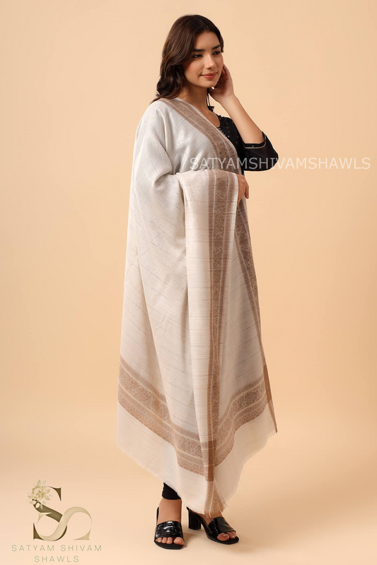 PURE WOOL REVERSIBLE SELF BORDER WITH STRIPS DESIGN SHAWL ,WHITE