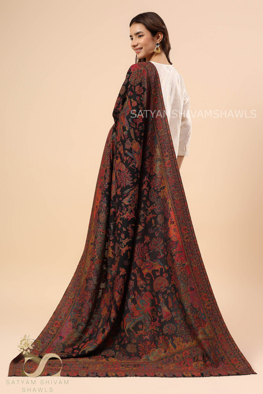 "GARDEN OF DELIGHT" PASHMINA KANI SHIKARGAH DHOLI THEME DESIGN SHAWL,WARM AND SOFT