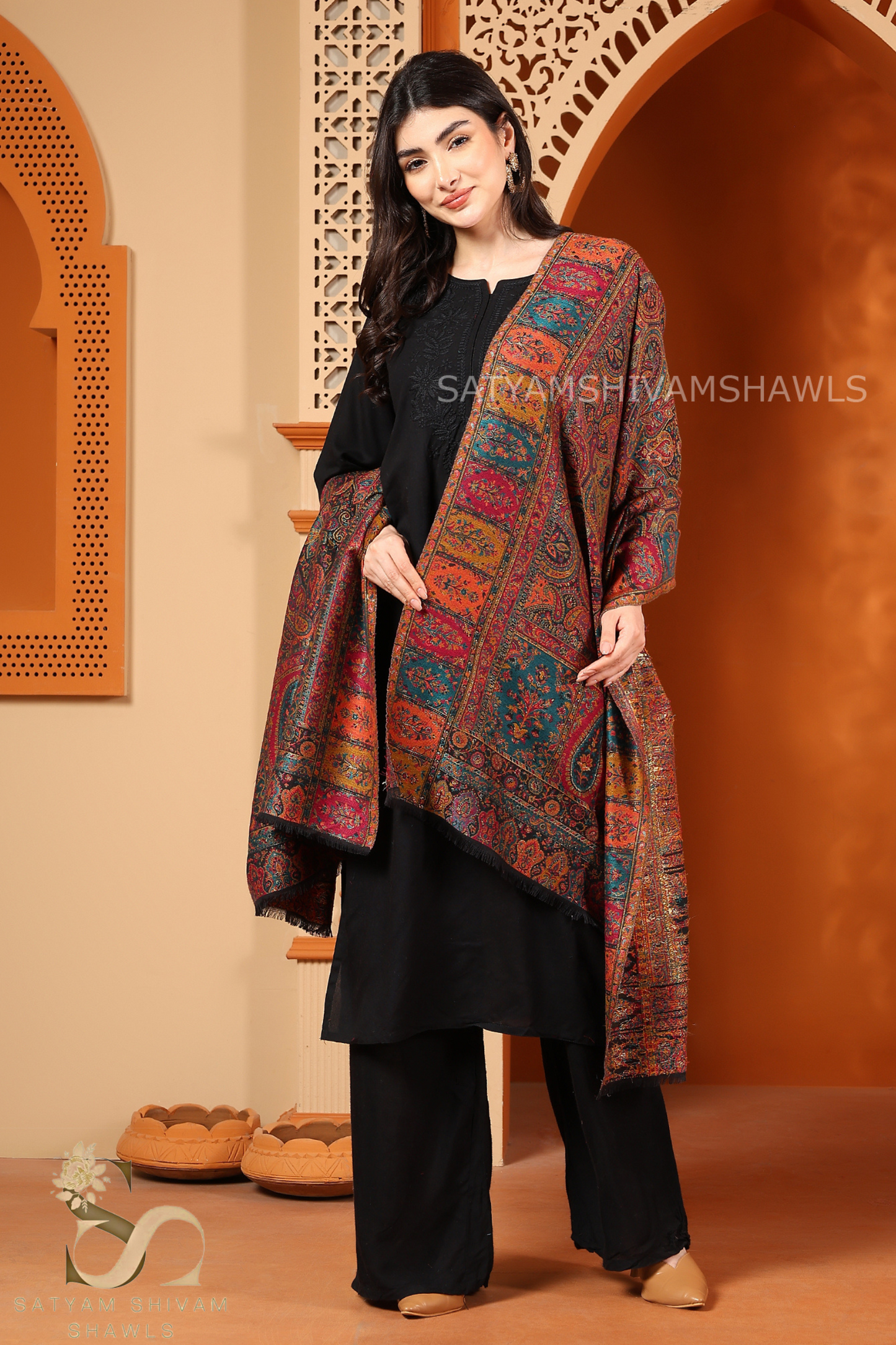 100%PURE WOOL KANI ETHNIC WEAVE SHAWL SOFT AND WARM,WITH WOOLMARK CERTIFICATE,BLACK