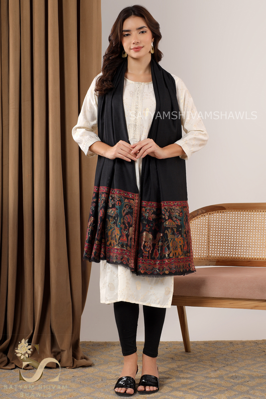 DHOLI PALLA KANI ZARI  WEAVE PURE WOOL  SHAWL,WARM AND SOFT,BLACK