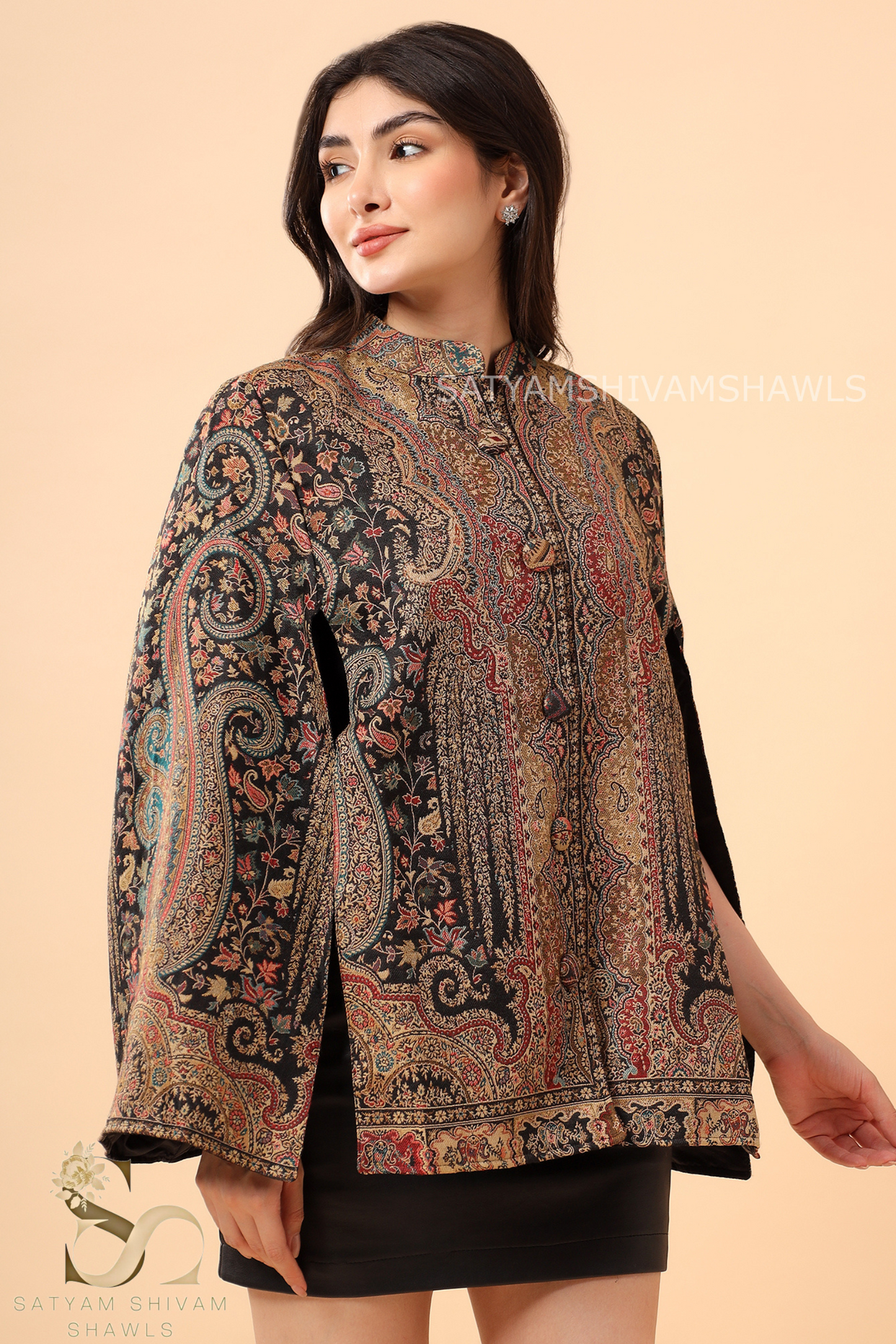KANI WOVEN VINTAGE KASHMIRI PASHMINA BLEND WOOL CAPE,BLACK
