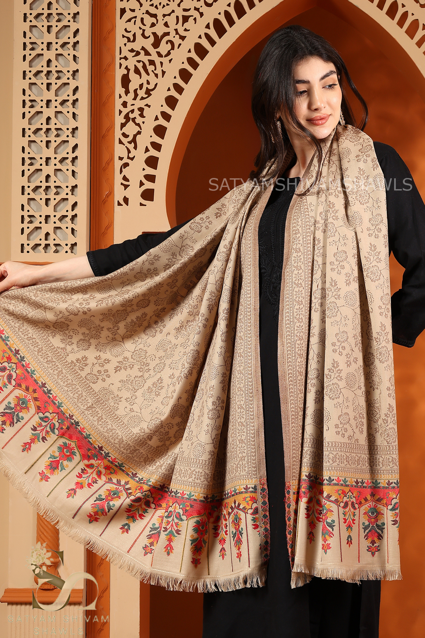 SATYAMSHIVAMSHAWLS WOMENS  PASHMINA KANI SHAWL ETHNIC WEAVE DESIGN,LIGHT