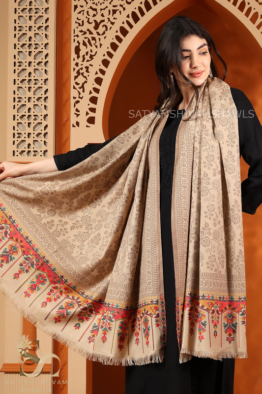 SATYAMSHIVAMSHAWLS WOMENS  PASHMINA KANI SHAWL ETHNIC WEAVE DESIGN,LIGHT