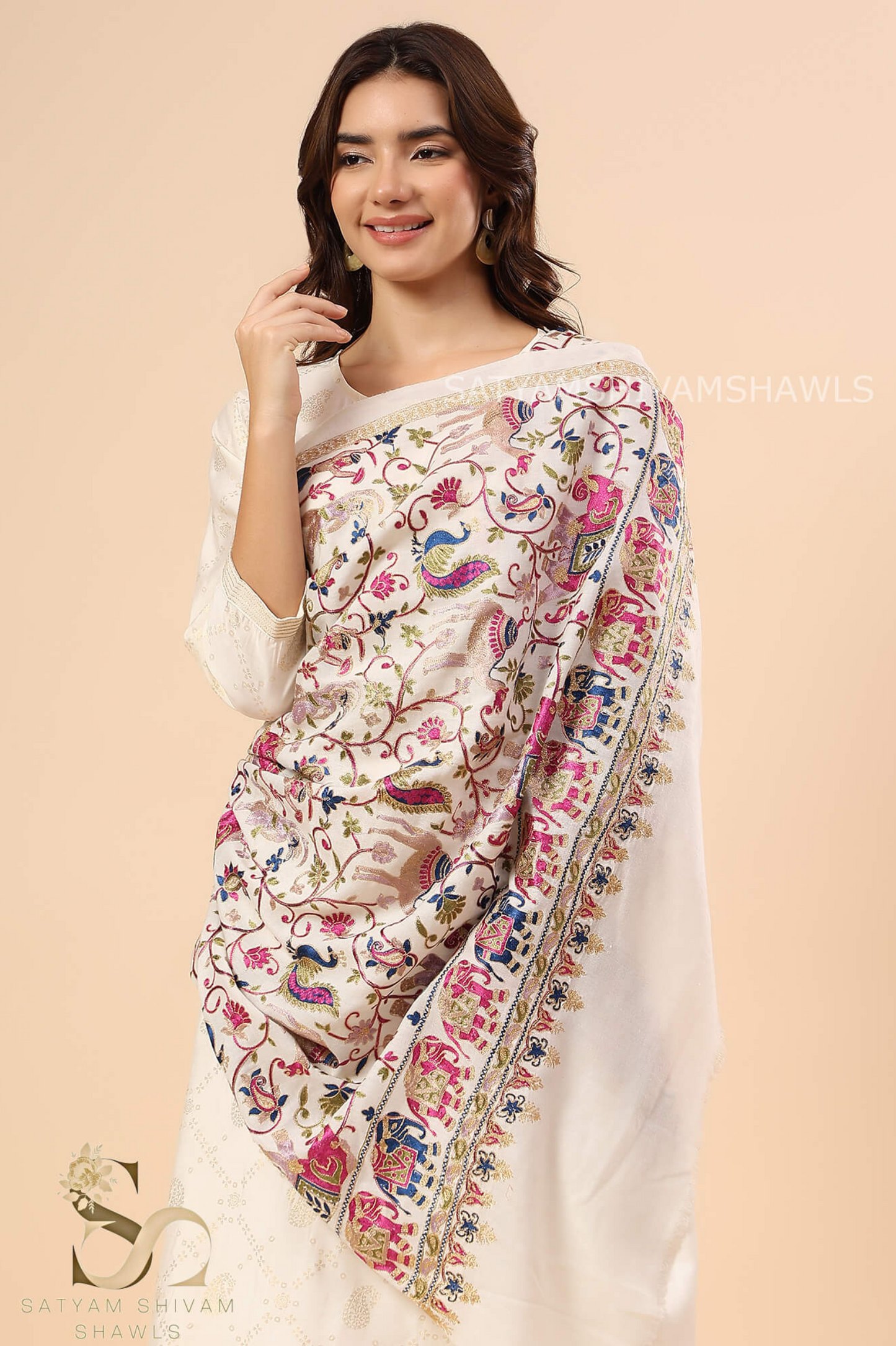 "SHIKAAR-E-KASHMIR" TILLA EMBRODIERY FINE PASHMINA WOOL, WARM AND SOFT,WHITE