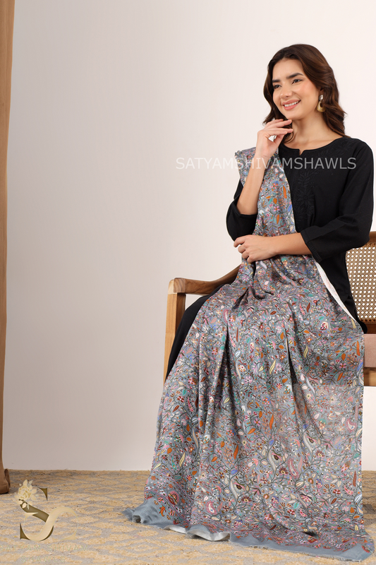 KALAMKARI KANI LEAF PRINT DESIGN  WOMENS SHAWL SILK WOOL,GREY