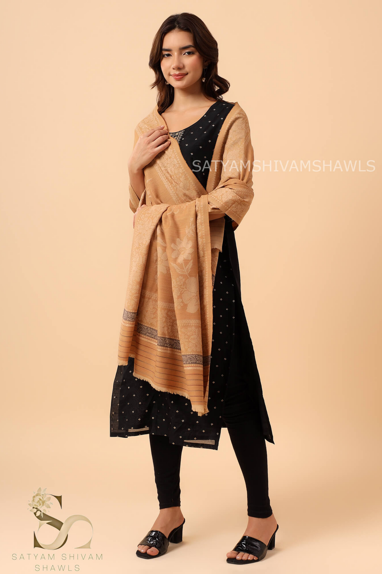 PURE WOOL REVERSIBLE SELF FLOWER DESIGN SHAWL,MUSTARD