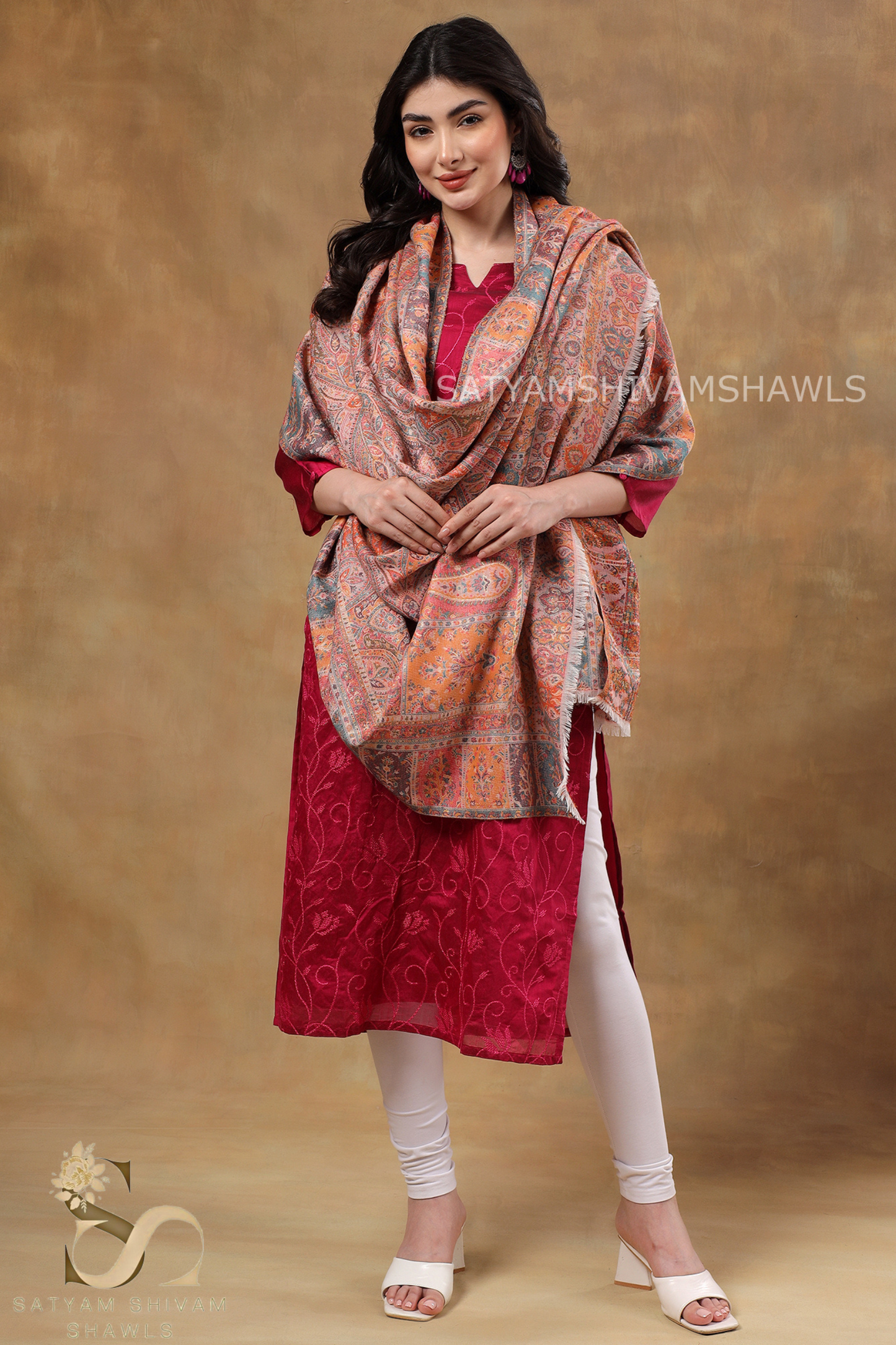WOMENS 100%PURE WOOL KANI ETHNIC WEAVE SHAWL, SOFT AND WARM, PINK