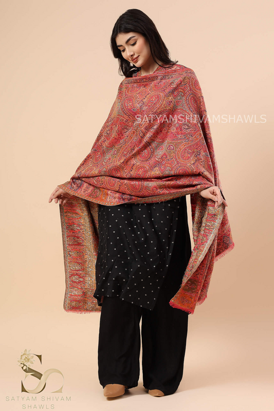 SATYAMSHIVAMSHAWLS WOMENS 100%PURE WOOL KANI ETHNIC WEAVE SHAWL, SOFT AND WARM, CARROT